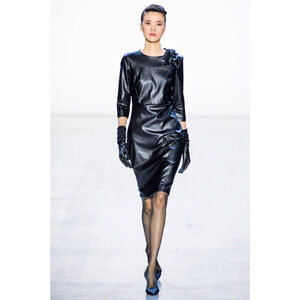 Badgley Mischka Faux Leather Sheath Dress 8 Knot Detail READ 3/4 Sleeve Black